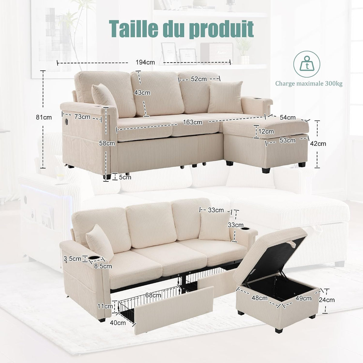 Canapé Convertible LED Beige